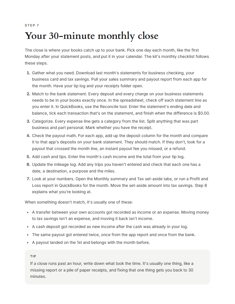 A page from Step 7, the monthly close