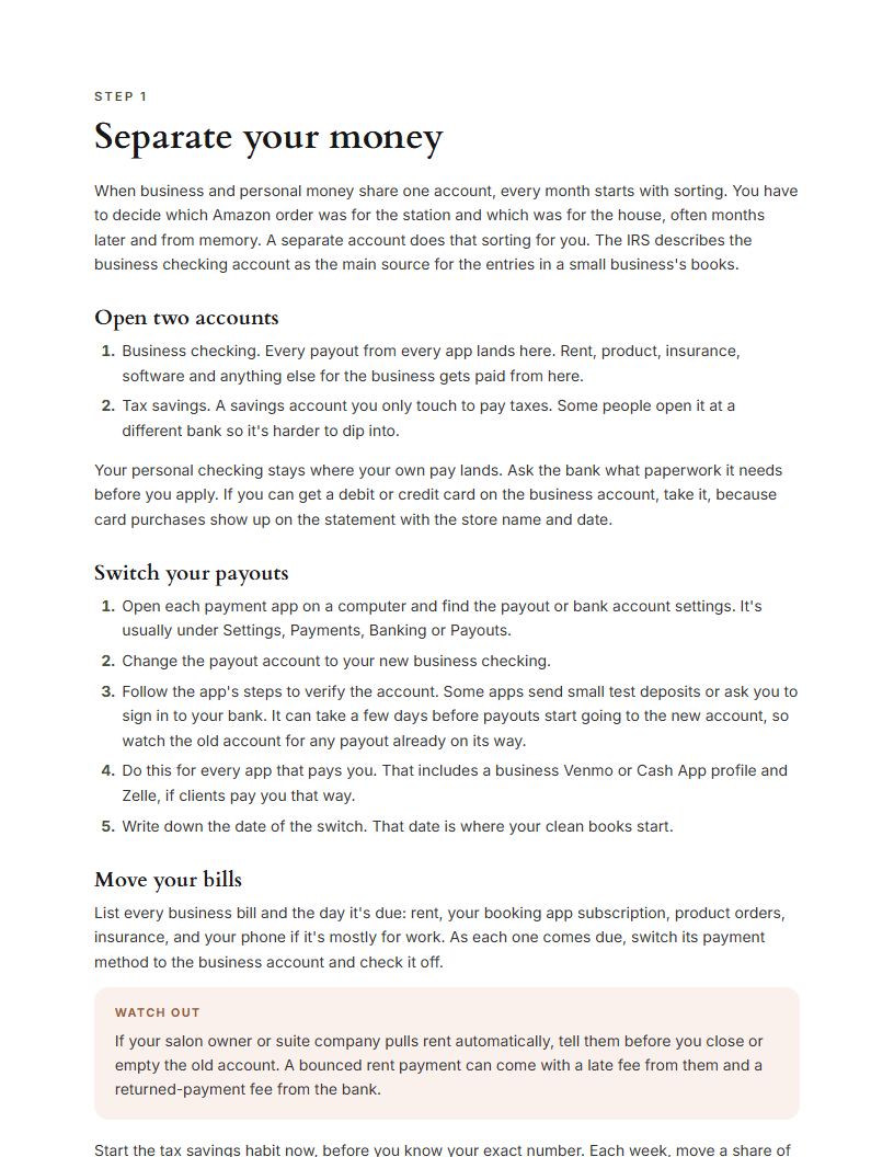 A page from Step 1, separating your money